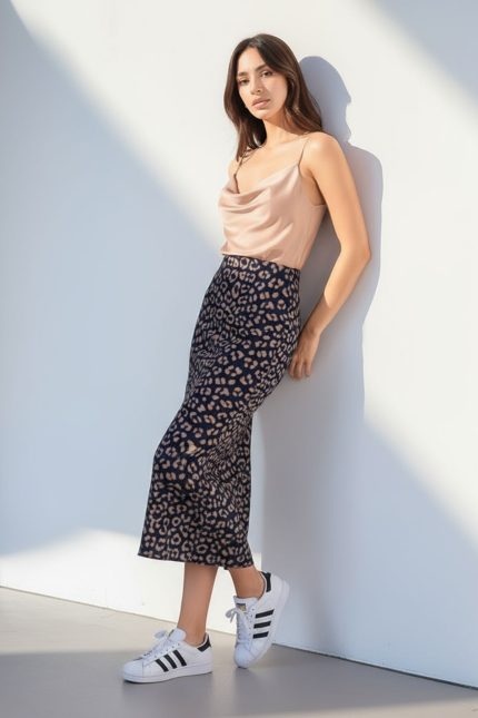 Sheer Animal Print Midi Skirt in Navy