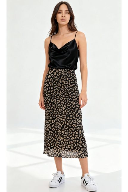 Sheer Animal Print Midi Skirt in black