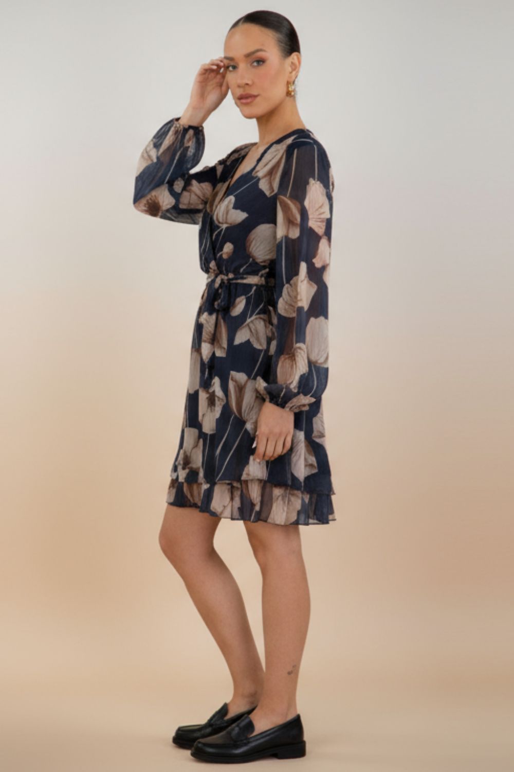 Lurex Wrap Mini Dress with Floral Print & Belt (5) Lurex Wrap Mini Dress with Floral Print & Belt