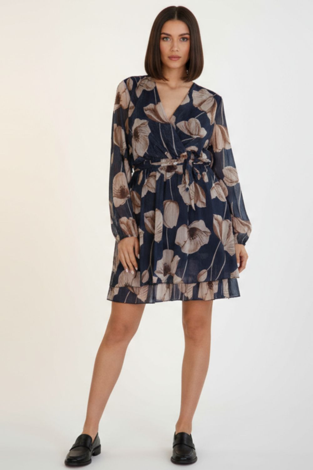 Lurex Wrap Mini Dress with Floral Print & Belt (6) Lurex Wrap Mini Dress with Floral Print & Belt
