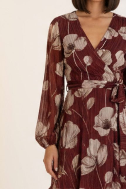Lurex Wrap Mini Dress with Floral Print & Belt