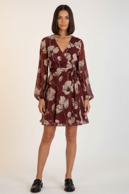 Lurex Wrap Mini Dress with Floral Print & Belt