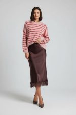 Lace Satin Midi Skirt in Burgundy