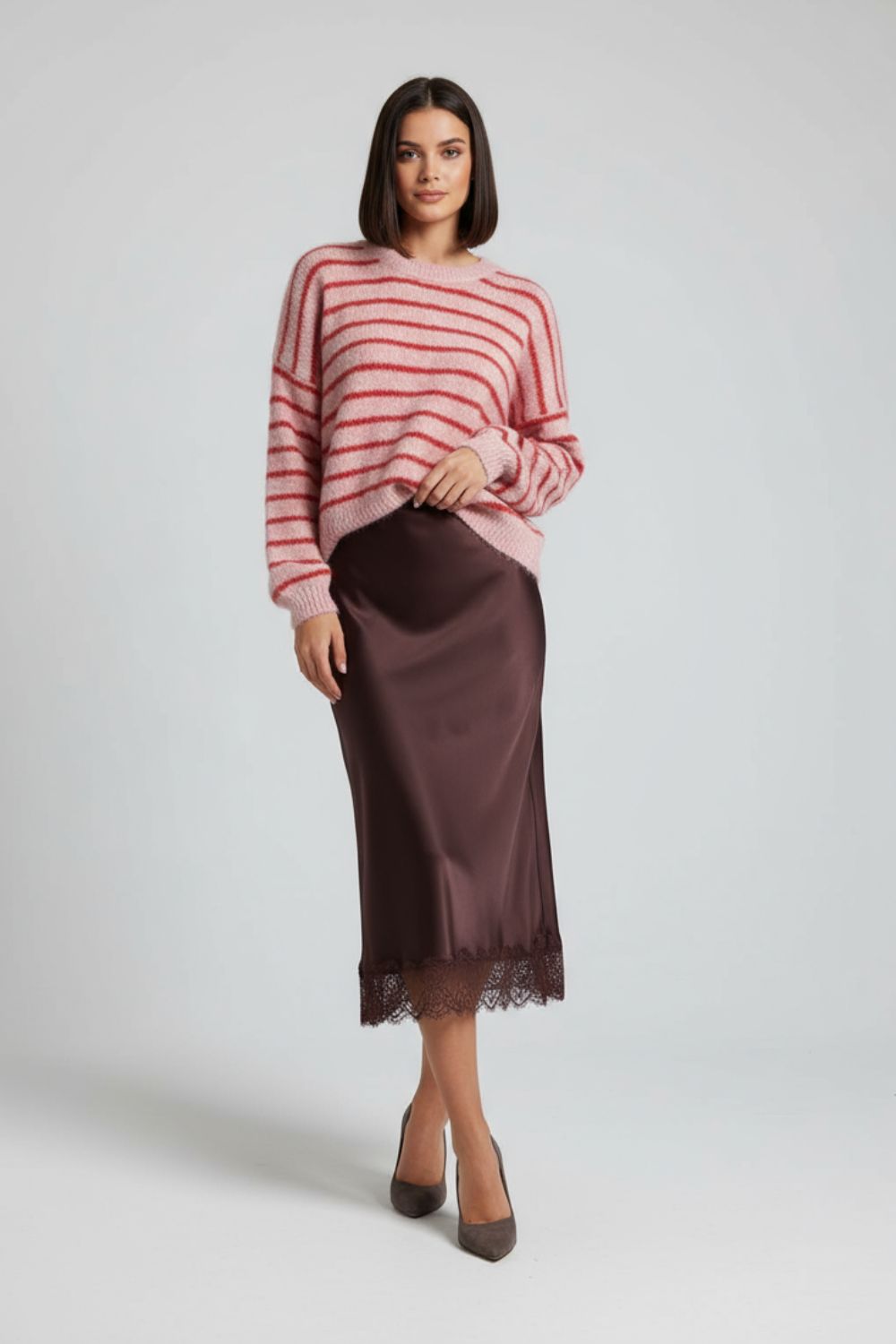 Lace Satin Midi Skirt in Burgundy Lace Satin Midi Skirt in Burgundy