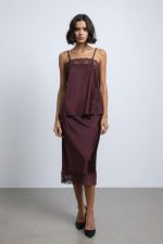 Lace Satin Midi Skirt in Burgundy