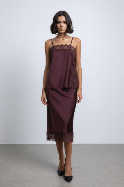 Lace Satin Midi Skirt in Burgundy