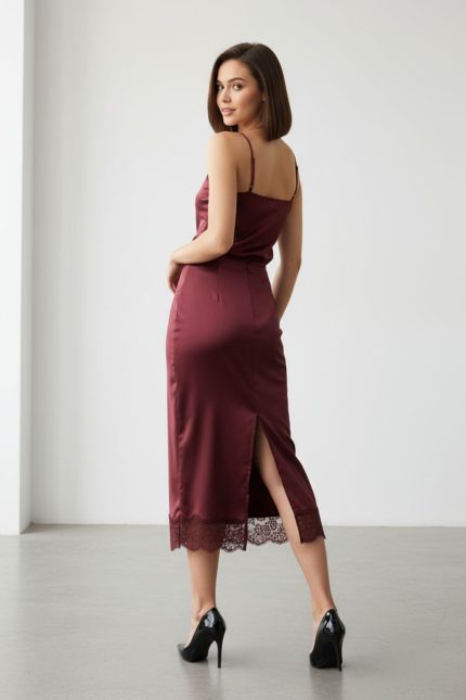 Lace Satin Midi Skirt in Burgundy