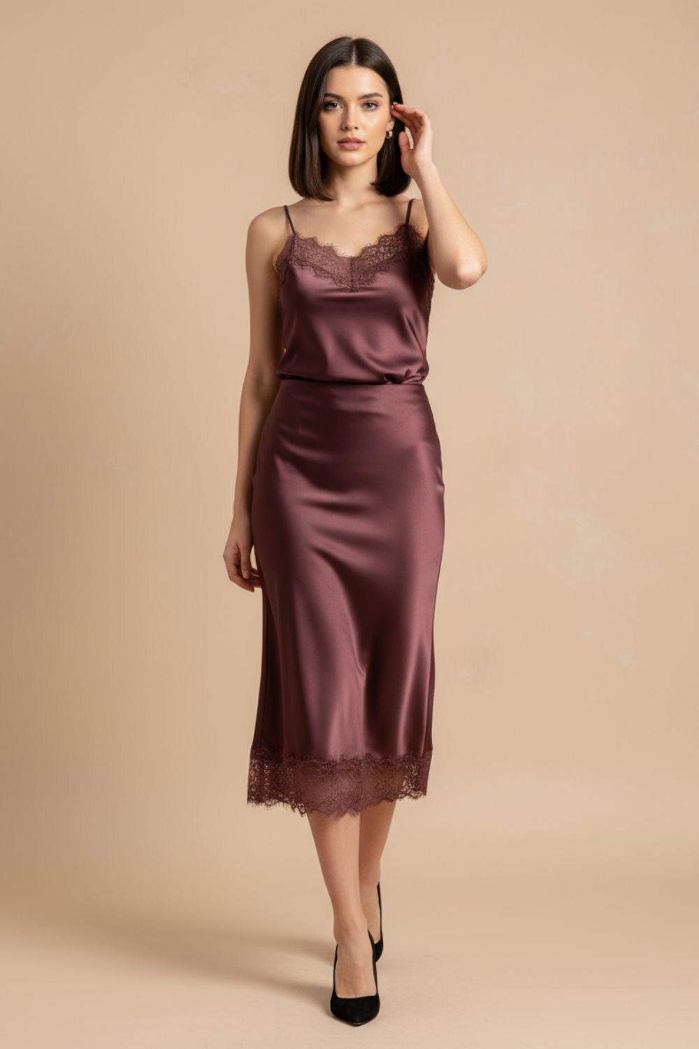 Lace Satin Midi Skirt in Burgundy Lace Satin Midi Skirt in Burgundy