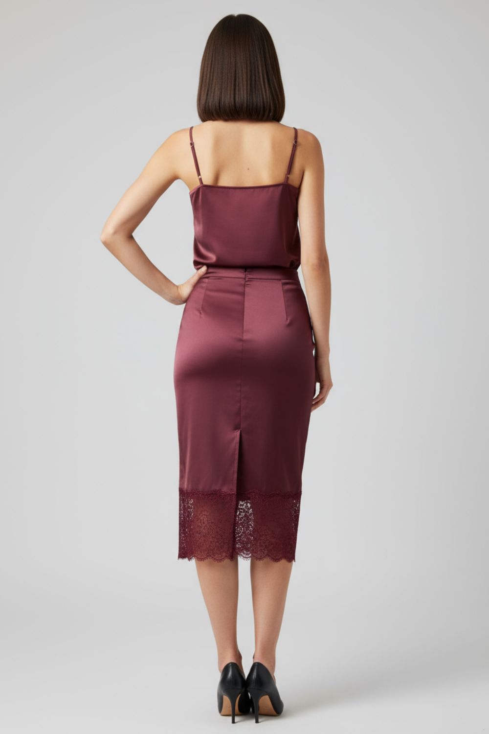 Lace Satin Midi Skirt in Burgundy Lace Satin Midi Skirt in Burgundy