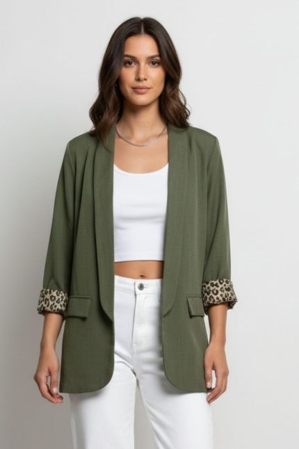 Σακάκι Φαρδύ με Animal Print Φόδρα in Khaki