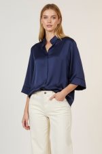 City Σατινέ Πουκάμισο με Μάο Γιακά in navy