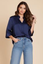 City Σατινέ Πουκάμισο με Μάο Γιακά in navy