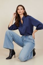 City Σατινέ Πουκάμισο με Μάο Γιακά in navy