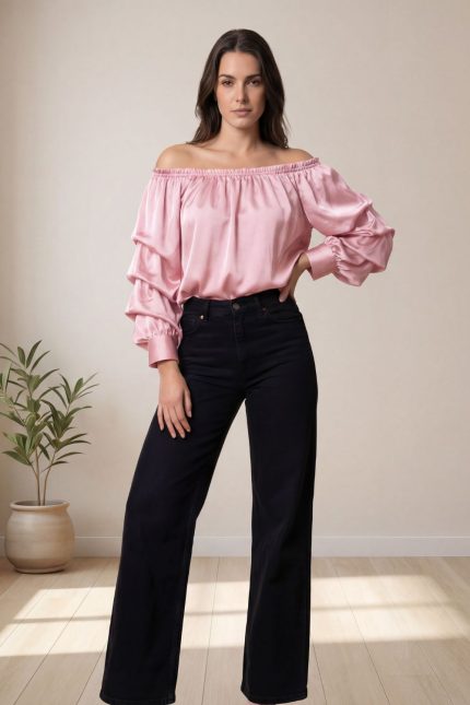 Satin Off-Shoulder Top in pink