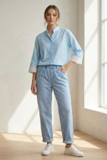 Εμπριμέ Σατινέ Πουκάμισο με Μάο Γιακά in baby blue