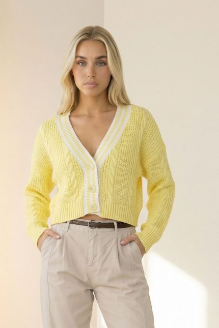 GNT Knitted Cardigan in yellow Κωδικός: GNT Η GNT Knitted Cardigan in yellow είναι ένα statement knit με διαχρονική αισθητική και σύγχρονο χαρακτήρα. Η πλεκτή πλέξη “κοτσίδα” σε συνδυασμό με το ριγέ τελείωμα προσθέτουν διακριτική ένταση, διατηρώντας το look clean και ισορροπημένο. Το crop fit μήκος αναδεικνύει ιδανικά ψηλόμεσα jeans ή φούστες, ενώ η άνετη εφαρμογή και το One Size που καλύπτει έως Large Plus προσφέρουν ευελιξία και άνεση. Η μίξη μαλλιού και ακρυλικού χαρίζει ζεστασιά χωρίς βάρος, ιδανική για καθημερινό layering. Ένα knit που λειτουργεί ως elevated basic για capsule wardrobes.