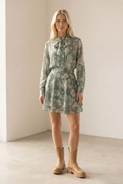 Floral Set Πουκάμισο & Φούστα in Sage Κωδικός: 2096 Το Floral set σε απόχρωση sage αποτελεί μία ρομαντική και κομψή επιλογή για ξεχωριστές αλλά και καθημερινές εμφανίσεις. Το ανάλαφρο crepe sheer ύφασμα με floral print χαρίζει αέρινη κίνηση, ενώ η επένδυση βισκόζης στη φούστα εξασφαλίζει άνεση χωρίς διαφάνεια. Το πουκάμισο διαθέτει χαλαρή γραμμή και μπορεί να φορεθεί δεμένο στο λαιμό για πιο ρομαντικό ύφος ή ανοιχτό για πιο minimal αποτέλεσμα. Η φούστα με ελαστική μέση αγκαλιάζει απαλά το σώμα και προσφέρει άνετη εφαρμογή. Ένα σετ που φοριέται μαζί για ολοκληρωμένο statement look ή και ξεχωριστά για περισσότερους συνδυασμούς. Styling Tip Φόρεσέ το με ankle boots για chic φθινοπωρινό look ή με nude πέδιλα για πιο ανοιξιάτικη αισθητική. Μπορείς να συνδυάσεις το πουκάμισο και με tailored παντελόνι, ενώ η φούστα ταιριάζει ιδανικά με basic top ή fitted bodysuit για πιο minimal αποτέλεσμα