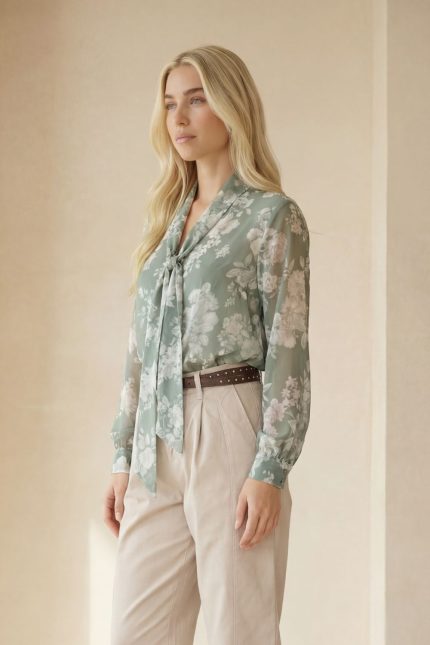 Πουκάμισο με Δέσιμο Εμπριμέ Sheer in Sage Κωδ: 14520 Το εμπριμέ πουκάμισο με δέσιμο σε sage απόχρωση αποπνέει ρομαντική κομψότητα και διαχρονικό στυλ. Το crepe sheer ύφασμα χαρίζει ανάλαφρη, αέρινη κίνηση, ενώ το φιόγκος στο λαιμό προσθέτει θηλυκή και sophisticated πινελιά. Η κουμπωτή πατιλέτα μπροστά εξασφαλίζει πρακτικότητα, ενώ η χαλαρή γραμμή του επιτρέπει να φορεθεί τόσο μέσα από παντελόνι ή φούστα όσο και πιο loose για πιο relaxed αποτέλεσμα. Ιδανικό για office looks, chic εξόδους αλλά και για πιο ρομαντικές εμφανίσεις. Styling Tip Συνδύασέ το με tailored παντελόνι και ζώνη για κομψό office look ή με midi φούστα για πιο ρομαντική αισθητική. Για πιο minimal αποτέλεσμα, δέσε χαλαρά τον φιόγκο ή άφησέ τον ελαφρώς ανοιχτό.