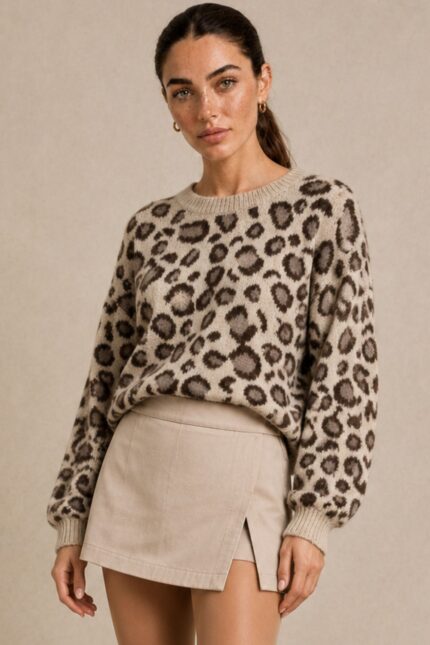 nimal Print Sweater in Taupe Κωδικός: 51199 Χαρακτηριστικά Γραμμή: Κανονική προς άνετη Μέγεθος: One Size Λαιμός: Στρογγυλή λαιμόκοψη Ύφασμα: Ζεστό & μαλακό πλεκτό Print: Animal print Extra: Δεν τσιμπάει Οδηγίες Φροντίδας Πλύσιμο σε κρύο νερό Χωρίς στύψιμο