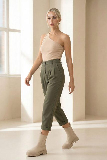 Baggy Office Παντελόνι in Khaki Κωδ: 21125 Το Baggy Office Παντελόνι σε khaki απόχρωση είναι ένα κομψό αλλά άνετο κομμάτι που ταιριάζει ιδανικά σε καθημερινά αλλά και πιο επαγγελματικά outfits. Η baggy γραμμή προσφέρει χαλαρή εφαρμογή και μοντέρνα αισθητική, ενώ το viscose mix ύφασμα χαρίζει απαλή υφή και ευχάριστη αίσθηση στο σώμα. Διαθέτει κουμπί και φερμουάρ για σταθερό κλείσιμο, ενώ το λάστιχο στο πίσω μέρος της μέσης προσφέρει καλύτερη προσαρμογή και άνεση κατά τη διάρκεια της ημέρας. Η γήινη khaki απόχρωση το καθιστά εύκολο στους συνδυασμούς και ιδανικό για minimal και chic εμφανίσεις. Styling Tip Συνδύασέ το με πουκάμισο ή basic T-shirt για κομψό καθημερινό look. Με blazer και loafers δημιουργεί εύκολα ένα σύγχρονο office outfit, ενώ με sneakers αποκτά πιο relaxed και casual χαρακτήρα.