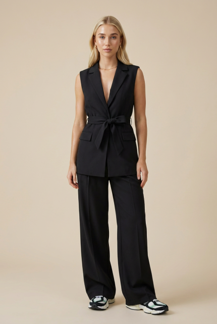 Σετ Γιλέκο και Παντελόνι black Ένα versatile σύνολο που φοριέται από το πρωί έως το βράδυ.  Styling Tips • Φόρεσέ το με heels για elegant office look • Συνδύασέ το με sneakers για μοντέρνο casual αποτέλεσμα • Πρόσθεσε χρυσά κοσμήματα για minimal chic vibe • Φόρεσε το γιλέκο μόνο του για πιο statement εμφάνιση
