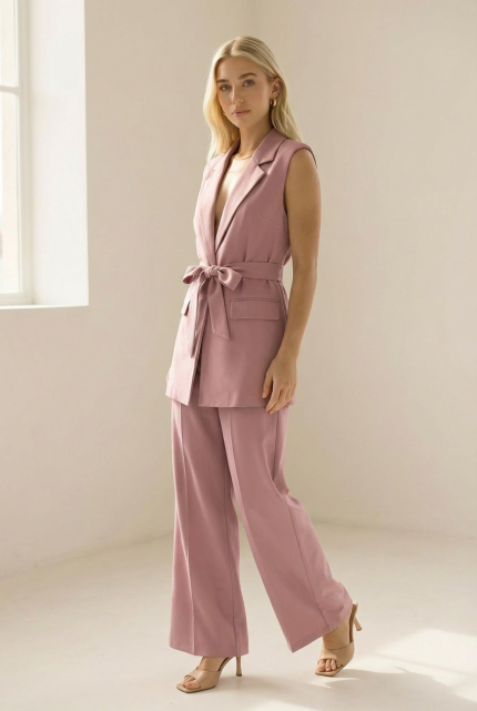 Το dusty pink σετ γιλέκο και παντελόνι είναι η επιτομή της σύγχρονης κομψότητας. Ένα minimal αλλά ταυτόχρονα δυναμικό σύνολο που αποπνέει θηλυκότητα και refined αισθητική. Το αμάνικο γιλέκο με ζώνη στη μέση τονίζει διακριτικά τη σιλουέτα, ενώ η tailored γραμμή προσφέρει κομψή δομή χωρίς να χάνει την άνεση. Το ίσιο παντελόνι ολοκληρώνει το look με καθαρές γραμμές και διαχρονικό χαρακτήρα. Το dusty pink χρώμα χαρίζει ρομαντική αλλά και μοντέρνα διάθεση, ιδανική για day-to-night εμφανίσεις — από office looks μέχρι πιο elegant περιστάσεις. Ένα versatile σετ που φοριέται μαζί ή και ξεχωριστά για πολλαπλούς συνδυασμούς. Styling Tips • Συνδύασέ το με πέδιλα ή heels για elegant εμφανίσεις • Φόρεσέ το με sneakers για μοντέρνο city look • Πρόσθεσε χρυσά κοσμήματα για chic αποτέλεσμα • Φόρεσε το γιλέκο μόνο του σαν top για πιο fashion-forward outfit