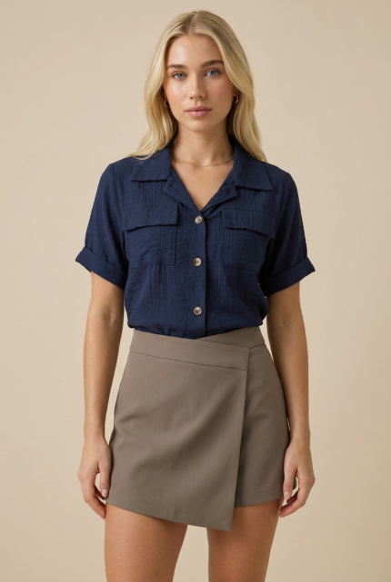 Cargo cropped πουκαμίσο ΚΩΔ:26101 Το cargo cropped πουκαμίσο είναι το ιδανικό κομμάτι για μοντέρνα και άνετα καθημερινά looks. Με κανονική προς άνετη γραμμή και utility αισθητική, συνδυάζει πρακτικότητα και στυλ. Ο cropped σχεδιασμός δίνει νεανικό χαρακτήρα, ενώ οι cargo λεπτομέρειες και το τετράγωνο μανίκι προσθέτουν cool, relaxed ύφος. Φοριέται εύκολα από το πρωί μέχρι το βράδυ και συνδυάζεται άψογα με παντελόνια, φούστες ή σορτς. Minimal αλλά με χαρακτήρα. Styling Tips • Συνδύασέ το με ψηλόμεσο παντελόνι για balanced silhouette • Φόρεσέ το με mini φούστα για chic city look • Ιδανικό με sneakers ή flat για καθημερινό outfit • Άνοιξέ το σαν overshirt πάνω από top για layering