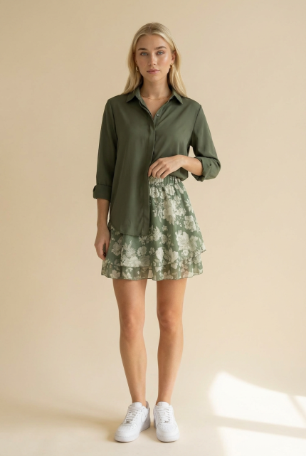 Η Floral Print Skirt in sageείναι η ιδανική επιλογή για ρομαντικές και φωτεινές εμφανίσεις. Το crepe sheer ύφασμα χαρίζει αέρινη κίνηση και κομψή ροή στο περπάτημα, ενώ η εσωτερική επένδυση από viscose εξασφαλίζει άνεση και πλήρη κάλυψη χωρίς διαφάνεια. Η ελαστική μέση προσαρμόζεται εύκολα στη σιλουέτα, προσφέροντας σταθερή αλλά άνετη εφαρμογή έως Large Plus. Το floral print σε απαλούς κίτρινους τόνους αναδεικνύει τη θηλυκότητα και δίνει φρέσκια νότα σε κάθε σύνολο. Ιδανική για καθημερινά looks, office outfits αλλά και πιο ρομαντικές εμφανίσεις. Styling Tip Συνδύασέ τη με λευκό πουκάμισο ή basic top για καθαρό, φωτεινό look. Με ankle boots δημιουργείς πιο fashion-forward σύνολο, ενώ με flat σανδάλια αποκτά πιο καλοκαιρινό και relaxed χαρακτήρα.