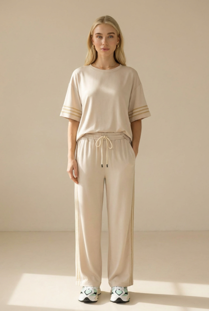 viscose σετ μπλούζα και παντελόνι plus size Το viscose σετ μπλούζα και παντελόνι plus size είναι η ιδανική επιλογή για άνετα, κομψά και ευέλικτα looks. Με ανάλαφρη υφή και loose εφαρμογή, προσφέρει απόλυτη ελευθερία κινήσεων και κομψότητα στην καθημερινότητα. Η μπλούζα με φαρδιά μανίκια χαρίζει άνεση και σύγχρονο minimal στυλ, ενώ το wide leg παντελόνι με ελαστική μέση προσαρμόζεται τέλεια στο σώμα. Το μαλακό viscose ύφασμα είναι breathable και ιδανικό για όλες τις ώρες της ημέρας — από χαλαρές εμφανίσεις μέχρι travel outfits. Ένα must-have σύνολο που συνδυάζει άνεση και στυλ.  Styling Tips • Φόρεσέ το με sneakers για casual καθημερινό look • Συνδύασέ το με σανδάλια για καλοκαιρινό outfit • Πρόσθεσε minimal κοσμήματα για chic αποτέλεσμα • Ιδανικό για ταξίδια χάρη στο non-iron ύφασμα