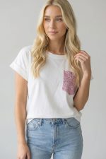 Βαμβακερό T-Shirt με Glitter Τσέπη pink