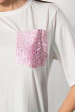 Βαμβακερό T-Shirt με Glitter Τσέπη pink