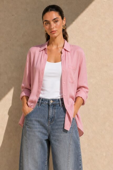 Viscose Oversized Shirt in  Dusty pink Κωδικός: 200226 Χαρακτηριστικά Προϊόντος • Εφαρμογή: Oversized, χαλαρή γραμμή • One Size – καλύπτει έως X-Large • Περιφέρεια στήθους: έως 120 cm • Μαλακό, ελαφρύ και breathable ύφασμα viscose • Κατάλληλο για ευαίσθητα & αλλεργικά δέρματα • Roll-up μανίκι • Φοριέται ως πουκάμισο ή ελαφρύ jacket • Ιδανικό για layering Διαστάσεις (flat ) • Στήθος: έως 120 cm • Μήκος μπροστά: περίπου 72 cm • Μήκος πίσω: περίπου 76 cm • Μανίκι: περίπου 60 cm Φροντίδα • Πλύσιμο στο πλυντήριο έως 30°C • Χωρίς στύψιμο • Σιδέρωμα σε χαμηλή θερμοκρασία