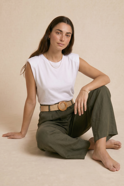 Malta Παντελόνα in khaki   Η Malta Παντελόνα in khaki  είναι το απόλυτο effortless κομμάτι για minimal καλοκαιρινές εμφανίσεις με άνεση και κομψότητα. Η φαρδιά γραμμή της χαρίζει αέρινη κίνηση και relaxed εφαρμογή, ενώ το λάστιχο στο πίσω μέρος προσφέρει άνεση και τέλεια εφαρμογή στη μέση. Το ύφασμά της είναι εξαιρετικά δροσερό, ανάλαφρο και απαλό στην αφή, ιδανικό ακόμα και για ευαίσθητα δέρματα. Συνδυάζεται εύκολα με basic tops, λινά πουκάμισα ή crop tops για chic everyday looks. Styling Tip Συνδύασέ τη με basic tops, oversized πουκάμισα ή fitted bodysuits για effortless summer looks από το πρωί έως το βράδυ.