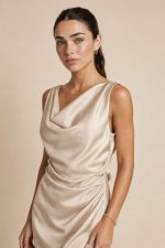 Satin Draped Back Dress Ένα φόρεμα που τραβάει όλα τα βλέμματα… όταν γυρίσεις πλάτη. Το Satin Draped Back Dress συνδυάζει minimal πολυτέλεια με έντονη θηλυκότητα, χάρη στο εντυπωσιακό ανοιχτό κρουαζέ πίσω μέρος και το ντραπέ design που αγκαλιάζει το σώμα με φυσική ροή. Η σατινέ υφή του είναι απαλή, δροσερή και κομψή, δημιουργώντας ένα effortless elegant αποτέλεσμα ιδανικό για καλοκαιρινές εμφανίσεις, events ή βραδινές εξόδους. Ένα κομμάτι που δεν χρειάζεται πολλά – απλά το φοράς και ξεχωρίζεις.  Styling Mood • Με minimal πέδιλα → clean elegant look • Με statement σκουλαρίκια → πιο glamorous αποτέλεσμα • Με flat σανδάλια → island chic vibe • Με loose μαλλιά & glow skin → effortless luxury