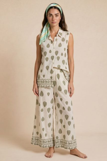 Safari Floral Leaf Set  Χαρακτηριστικά Προϊόντος Πουκάμισο • Αμάνικο σχέδιο • Κουμπιά μπροστά • Relaxed εφαρμογή • Ύφασμα πολύ δροσερό & ανάλαφρο • Δεν διαφανίζει • Botanical floral print • One Size (καλύπτει έως Large) Παντελόνα • Zip culotte / wide leg γραμμή • Άνετη εφαρμογή • Λάστιχο στη μέση • Elegant flow κίνηση • Πολύ μαλακό & breathable ύφασμα • Δεν πιέζει το σώμα • One Size (καλύπτει έως Large)  Διαστάσεις Πουκάμισο • Στήθος: έως 108 cm • Περιφέρεια: έως 112 cm • Μήκος: περίπου 68 cm Παντελόνα • Μέση: έως 92 cm • Περιφέρεια: έως 118 cm • Μήκος: περίπου 101 cm  Φροντίδα • Πλύσιμο έως 30°C • Χωρίς στύψιμο • Φυσικό στέγνωμα • Δεν χρειάζεται έντονο σιδέρωμα