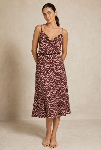 Floral Viscose Set in Burgundy Χαρακτηριστικά Προϊόντος Draped Cami Top • Αέρινο lingerie top με μικρό floral print • Draped λαιμόκοψη που αγκαλιάζει όμορφα το μπούστο • Λεπτές τιράντες για κομψή και θηλυκή εμφάνιση • Ανάλαφρη και δροσερή εφαρμογή • Σταθερό ύφασμα viscose mix • Κατάλληλο για ευαίσθητα δέρματα • Κανονική προς χαλαρή γραμμή • One Size (καλύπτει έως Large) Midi Floral Φούστα • Midi φούστα με μικρό floral print • Ελαφρώς Α γραμμή • Ανάλαφρη εφαρμογή που κινείται όμορφα στο σώμα • Λάστιχο στη μέση για άνετη εφαρμογή • Σταθερό viscose mix ύφασμα • Δροσερή και ευκολοφόρετη • Κατάλληλη για ευαίσθητα δέρματα • One Size Διαστάσεις Top Μέγεθος Στήθος Κοιλιά Περιφέρεια Μήκος One Size έως 105 cm έως 98 cm έως 108 cm 63 cm Διαστάσεις Φούστας Μέγεθος Μέση Περιφέρεια Μήκος One Size έως 92 cm έως 104 cm 87 cm Σύνθεση Top: 87% Viscose, 13% Polyamide Φούστα: Viscose Mix Φροντίδα • Πλύσιμο έως 30°C • Χωρίς στύψιμο • Φυσικό στέγνωμα • Σιδέρωμα σε χαμηλή θερμοκρασία