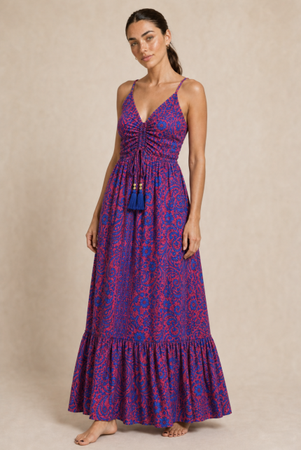 Anvi ART SILK Maxi Φόρεμα in magenta blue  Χαρακτηριστικά Προϊόντος • Υλικό: 100% Art Silk • Υφή: Ανάλαφρη, αέρινη και δροσερή • Γραμμή: Maxi με χαλαρή εφαρμογή • Σχέδιο: Εντυπωσιακό  magenta -μπλε εμπριμέ print1 • Μπούστο: Σούρες στο κέντρο με decorative φουντάκια • Τιράντες: Λεπτές και ρυθμιζόμενες • Εφαρμογή: Άνετη και θηλυκή • Ιδιότητα: Non Iron  Διαστάσεις (One Size) • Στήθος: έως 96 cm • Μέση: έως 98 cm • Περιφέρεια: έως 145 cm  Οδηγίες Φροντίδας • Πλύσιμο στο χέρι ή στους 30°C • Χωρίς στύψιμο • Δεν απαιτεί σιδέρωμα (non iron)