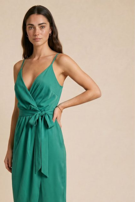 Σατινέ Κρουαζέ Midi Dress Αέρινο Σατινέ Κρουαζέ Midi Dress  με elegant γραμμή που αγκαλιάζει όμορφα το σώμα και χαρίζει θηλυκή, sophisticated αισθητική. Το ύφασμα έχει ανάλαφρη satin υφή με πολύ μαλακή και δροσερή αίσθηση, ιδανική για καλοκαιρινές εμφανίσεις, events, διακοπές αλλά και βραδινές εξόδους. Διαθέτει λεπτά ραντάκια με αυξομείωση, λάστιχο στο πίσω μέρος της πλάτης για καλύτερη εφαρμογή και πλαϊνό άνοιγμα ώστε να προσαρμόζεται ακριβώς στο σώμα μέσω του κορδονιού δεσίματος. Μπορεί να φορεθεί και με twist κόμπο μπροστά για πιο effortless και ανάλαφρο αποτέλεσμα. Το satin ύφασμα δεν διαφανίζει και δημιουργεί elegant κίνηση σε κάθε βήμα. Styling Tip Συνδύασέ το με minimal πέδιλα, χρυσά κοσμήματα και sleek low bun για elevated resort ή wedding guest εμφανίσεις. Το turquoise satin χρώμα φωτίζει υπέροχα την επιδερμίδα και απογειώνεται με bronzed makeup και natural glow αισθητική.