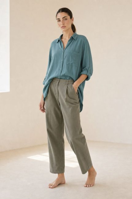 Viscose Oversized Shirt in mint Χαρακτηριστικά Προϊόντος • Εφαρμογή: Oversized, χαλαρή γραμμή • Μέγεθος: One Size (καλύπτει έως X-Large) • Περιφέρεια στήθους: έως 120 cm • Ύφασμα: Viscose – μαλακό, ελαφρύ & breathable • Ιδιότητες: Κατάλληλο για ευαίσθητο & αλλεργικό δέρμα • Μανίκια: Roll-up • Χρήση: Φοριέται ως πουκάμισο ή ελαφρύ jacket • Στυλ: Casual – minimal – layering essential Διαστάσεις (flat) • Στήθος: έως 120 cm • Μήκος μπροστά: περίπου 72 cm • Μήκος πίσω: περίπου 76 cm • Μανίκι: περίπου 60 cm Φροντίδα • Πλύσιμο στο πλυντήριο έως 30°C • Χωρίς στύψιμο • Σιδέρωμα σε χαμηλή θερμοκρασία