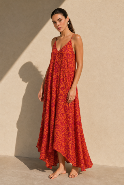 Bestie Art Silk Maxi Dress Χαρακτηριστικά Προϊόντος • Maxi φόρεμα σε αέρινη και ιδιαίτερα θηλυκή γραμμή • Εντυπωσιακό εμπριμέ print σε αποχρώσεις του κεραμιδί, πορτοκαλί και φούξια • 100% Art Silk ύφασμα • Ανάλαφρη, δροσερή και μεταξένια υφή • V λαιμόκοψη μπροστά και πίσω • Λεπτά ραντάκια που αναδεικνύουν τους ώμους • Ασύμμετρο τελείωμα με πλούσια κίνηση • Oversized εφαρμογή που αγκαλιάζει όμορφα τη σιλουέτα • Δεν διαφανίζει • Non Iron – δεν χρειάζεται σιδέρωμα • One Size – καλύπτει έως Large Plus Διαστάσεις Μέγεθος Στήθος Μέση Περιφέρεια One Size έως 120 cm έως 115 cm έως 145 cm Σύνθεση • 100% Art Silk Φροντίδα • Πλύσιμο στο χέρι ή σε κρύο νερό • Χωρίς στύψιμο • Φυσικό στέγνωμα • Δεν απαιτεί σιδέρωμα (Non Iron)