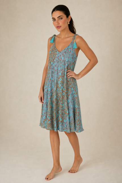 Italy Mini Art Silk Dress in mint Χαρακτηριστικά Προϊόντος • Mini φόρεμα με ιδιαίτερο  print σε αποχρώσεις mint  και sand • V λαιμόκοψη μπροστά και πίσω • Ρυθμιζόμενες τιράντες που δένουν στους ώμους με διακοσμητικές φούντες • Άνετη Α γραμμή που κολακεύει τη σιλουέτα ασύμμετρο σχέδιο  • Ανάλαφρη εφαρμογή με όμορφη κίνηση • One Size – καλύπτει έως X-Large • Ύφασμα Art Silk • Πολύ δροσερό, ανάλαφρο και εξαιρετικά απαλό στην αφή • Δεν διαφανίζει Διαστάσεις Μέγεθος Στήθος Περιφέρεια Μήκος One Size έως 118 cm έως 140 cm 90 cm* *Το μήκος προσαρμόζεται εύκολα χάρη στις τιράντες που δένουν στους ώμους. Οδηγίες Φροντίδας • Πλύσιμο στο κρύο νερό • Χωρίς στύψιμο • Δεν χρειάζεται σιδέρωμα