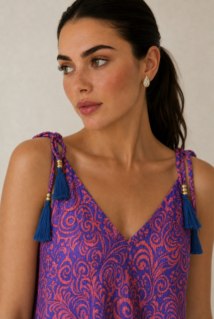Italy Mini Art Silk Dress in magenta and blue Χαρακτηριστικά Προϊόντος • Mini φόρεμα με ιδιαίτερο  print σε αποχρώσεις mint  και sand • V λαιμόκοψη μπροστά και πίσω • Ρυθμιζόμενες τιράντες που δένουν στους ώμους με διακοσμητικές φούντες • Άνετη Α γραμμή που κολακεύει τη σιλουέτα ασύμμετρο σχέδιο  • Ανάλαφρη εφαρμογή με όμορφη κίνηση • One Size – καλύπτει έως X-Large • Ύφασμα Art Silk • Πολύ δροσερό, ανάλαφρο και εξαιρετικά απαλό στην αφή • Δεν διαφανίζει Διαστάσεις Μέγεθος Στήθος Περιφέρεια Μήκος One Size έως 118 cm έως 140 cm 90 cm* *Το μήκος προσαρμόζεται εύκολα χάρη στις τιράντες που δένουν στους ώμους. Οδηγίες Φροντίδας • Πλύσιμο στο κρύο νερό • Χωρίς στύψιμο • Δεν χρειάζεται σιδέρωμα