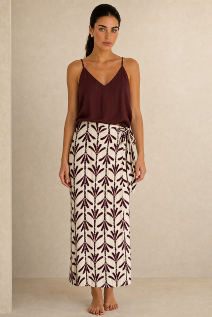 Poros Viscose Wrap Midi Skirt Κωδικός: 2728 Χαρακτηριστικά Προϊόντος • Πολυμορφική κρουαζέ midi φούστα • Εσωτερικό φύλλο που ασφαλίζει με κορδονάκι • Εξωτερικό φύλλο που τυλίγει το σώμα και δένει στη μέση • Ρυθμιζόμενη εφαρμογή που προσαρμόζεται εύκολα στη σιλουέτα • Άνετη γραμμή με φυσική κίνηση • Midi μήκος • Ασύμμετρο τελείωμα • One Size – καλύπτει έως X-Large • Viscose blend σύνθεση • Ανάλαφρη, δροσερή και breathable αίσθηση • Πολύ μαλακή υφή με όμορφη εφαρμογή Διαστάσεις (One Size) • Μέση: έως 105 cm (ρυθμιζόμενη με δέσιμο) • Περιφέρεια: έως 120 cm • Μήκος: Midi Asymmetrical Οδηγίες Φροντίδας • Πλύσιμο στους 30°C • Χωρίς στύψιμο • Σιδέρωμα σε χαμηλή θερμοκρασία