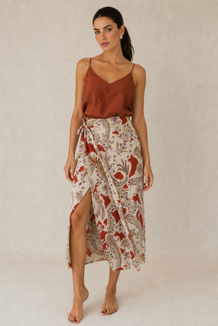 Mykonos Viscose Wrap Midi Skirt Κωδικός: 2728 Χαρακτηριστικά Προϊόντος • Πολυμορφική κρουαζέ midi φούστα • Εσωτερικό φύλλο που ασφαλίζει με κορδονάκι • Εξωτερικό φύλλο που τυλίγει το σώμα και δένει στη μέση • Ρυθμιζόμενη εφαρμογή που προσαρμόζεται εύκολα στη σιλουέτα • Άνετη γραμμή με φυσική κίνηση • Midi μήκος • Ασύμμετρο τελείωμα • One Size – καλύπτει έως X-Large • Viscose blend σύνθεση • Ανάλαφρη, δροσερή και breathable αίσθηση • Πολύ μαλακή υφή με όμορφη εφαρμογή Διαστάσεις (One Size) • Μέση: έως 105 cm (ρυθμιζόμενη με δέσιμο) • Περιφέρεια: έως 120 cm • Μήκος: Midi Asymmetrical Οδηγίες Φροντίδας • Πλύσιμο στους 30°C • Χωρίς στύψιμο • Σιδέρωμα σε χαμηλή θερμοκρασία