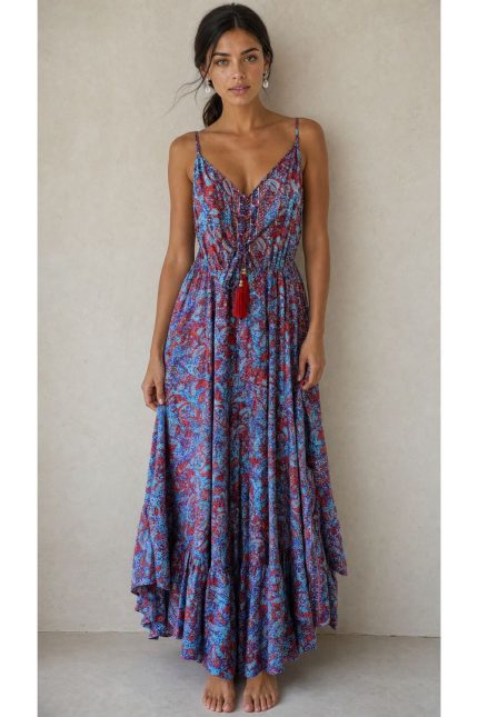 Anvi Art Silk Maxi Φόρεμα mint red Χαρακτηριστικά Προϊόντος • Maxi φόρεμα σε αέρινη και θηλυκή γραμμή • Εντυπωσιακό λαχούρι print σε αποχρώσεις mint-red-indigo blue • Ασύμμετρο εμπριμέ σχέδιο που χαρίζει μοναδικό χαρακτήρα • 100% Art Silk ύφασμα • Ανάλαφρη, δροσερή και μεταξένια υφή • Σούρες στο μπούστο για άψογη εφαρμογή • Μέση με απλό λάστιχο μπροστά και σφηκοφωλιά λάστιχο στο πίσω μέρος για μεγαλύτερη άνεση • Decorative φουντάκια στο κέντρο του ντεκολτέ • Λεπτές ρυθμιζόμενες τιράντες • Άνετη εφαρμογή που αγκαλιάζει όμορφα το σώμα • Δεν διαφανίζει • Non Iron – δεν χρειάζεται σιδέρωμα Διαστάσεις Μέγεθος Στήθος Μέση Περιφέρεια One Size έως 96 cm έως 98 cm έως 145 cm Σύνθεση • 100% Art Silk Φροντίδα • Πλύσιμο στο χέρι ή έως 30°C • Χωρίς στύψιμο • Φυσικό στέγνωμα • Δεν απαιτεί σιδέρωμα (Non Iron)