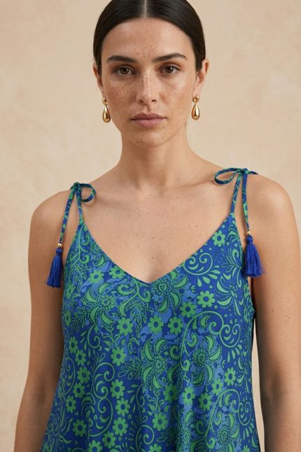 Julie Dress in blue-green Χαρακτηριστικά Προϊόντος • Υλικό: 100% Art Silk • Υφή: Ανάλαφρη, δροσερή & σατινέ • Κόψιμο: Ασύμμετρο που κολακεύει τη σιλουέτα • Λαιμόκοψη: V cut μπροστά & πίσω • Ραντάκια: Κορδονάκια που δένουν και προσαρμόζονται • Τελείωμα: Ασύμμετρο • Ιδιότητα: Non Iron • Μέγεθος: One Size  Εφαρμογή • Άνετη, αέρινη εφαρμογή • Καλύπτει άνετα έως L/XL • Στήθος: έως 115 cm • Μέση: έως 120cm • Περιφέρεια: έως 145 cm Οδηγίες Φροντίδας • Πλύσιμο στο χέρι ή στους 30°C • Χωρίς στύψιμο • Φυσικό στέγνωμα • Δεν απαιτεί σιδέρωμα (non iron)