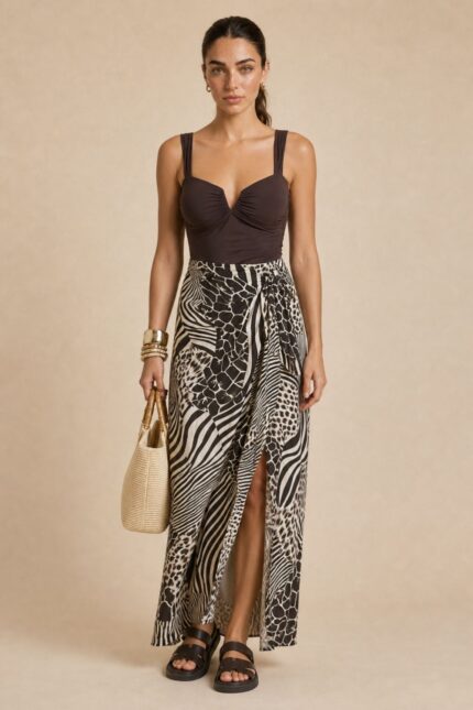 Penelope Viscose Wrap Midi Skirt in brown Κωδικός: 3034 Χαρακτηριστικά Προϊόντος • Πολυμορφική κρουαζέ midi φούστα • Εσωτερικό φύλλο που ασφαλίζει με κορδονάκι • Εξωτερικό φύλλο που τυλίγει το σώμα και δένει στη μέση • Ρυθμιζόμενη εφαρμογή που προσαρμόζεται εύκολα στη σιλουέτα • Άνετη γραμμή με φυσική κίνηση • Midi μήκος • Ασύμμετρο τελείωμα • One Size – καλύπτει έως X-Large • Viscose blend σύνθεση καφέ-μπλέ  αποχρωση • Ανάλαφρη, δροσερή και breathable αίσθηση • Πολύ μαλακή υφή με όμορφη εφαρμογή Διαστάσεις (One Size) • Μέση: έως 105 cm (ρυθμιζόμενη με δέσιμο) • Περιφέρεια: έως 120 cm • Μήκος: Midi Asymmetrical Οδηγίες Φροντίδας • Πλύσιμο στους 30°C • Χωρίς στύψιμο • Σιδέρωμα σε χαμηλή θερμοκρασία