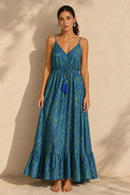 Anvi ART SILK Maxi Φόρεμα in Blue and green  Χαρακτηριστικά Προϊόντος • Υλικό: 100% Art Silk • Υφή: Ανάλαφρη, αέρινη και δροσερή • Γραμμή: Maxi με χαλαρή εφαρμογή • Σχέδιο: Εντυπωσιακό μπλε εμπριμέ print  ασύμμετρο σχέδιο  πιο κοντό στο πλάι πιο μακρυ μπροστά και πίσω • Μπούστο: Σούρες στο κέντρο με decorative φουντάκια μέση με λάστιχο απλό μπροστά σφηκοφωλιά λάστιχο  πίσω στη μέση • Τιράντες: Λεπτές και ρυθμιζόμενες • Εφαρμογή: Άνετη και θηλυκή • Ιδιότητα: Non Iron  Διαστάσεις (One Size) • Στήθος: έως 96 cm • Μέση: έως 98 cm • Περιφέρεια: έως 145 cm  Οδηγίες Φροντίδας • Πλύσιμο στο χέρι ή στους 30°C • Χωρίς στύψιμο • Δεν απαιτεί σιδέρωμα (non iron)