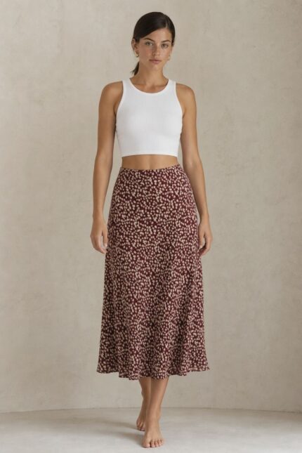 Midi Floral Φούστα Burgundy Χαρακτηριστικά Προϊόντος Γραμμή: Midi, ελαφρώς A-line Print: Floral / spotted print Χρώμα: Burgundy με εκρού λεπτομέρειες Ανάλαφρη και θηλυκή εφαρμογή Μαλακό και δροσερό ύφασμα One Size Καλύπτει ενδεικτικά από X-Small έως Large plus Ιδανική για casual, office αλλά και πιο elegant looks Διαστάσεις Μέγεθος Μέση Περιφέρεια Μήκος One Size έως 92 cm έως 104 cm 87 cm Σύνθεση 85% Viscose • 15% Polyester Οδηγίες Φροντίδας Πλύσιμο έως 30°C Χωρίς στύψιμο Χωρίς λευκαντικό Σιδέρωμα σε χαμηλή θερμοκρασία