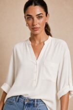 North Crepe Mao Neck Oversized Πουκαμίσα κωδ:1926 Χαρακτηριστικά Γραμμή: Άνετη / Oversized Γιακάς: Mao neck V λαιμόκοψη με κουμπιά Τσέπη στο μπροστινό μέρος Roll-up μανίκια με κουμπάκι Ασύμμετρο μήκος Ανάλαφρο crepe ύφασμα Non Iron – δεν απαιτεί σιδέρωμα One Size – καλύπτει έως X-Large Περιφέρεια στήθους έως περίπου 120 cm Ενδεικτικές Διαστάσεις Μέγεθος Στήθος Μήκος εμπρός Μήκος πίσω One Size έως 120 cm ~68 cm ~74 cm Τα μήκη είναι ενδεικτικά με βάση τη γραμμή του συγκεκριμένου σχεδίου. Οδηγίες Φροντίδας Πλύσιμο έως 30°C Χωρίς στύψιμο Φυσικό στέγνωμα Non Iron